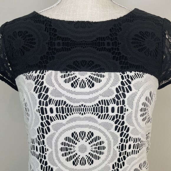 Maggy London Floral Lace Overlay Knee Length Cap Sleeve Zip Back Black Size 4 - Picture 5 of 9